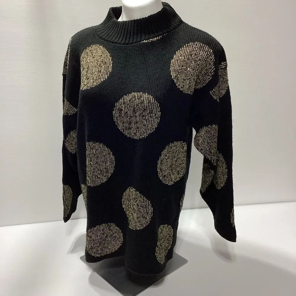 Vintage Doris Skis Sweater Size M Black Metallic Gold Polka Dot Holiday Winter